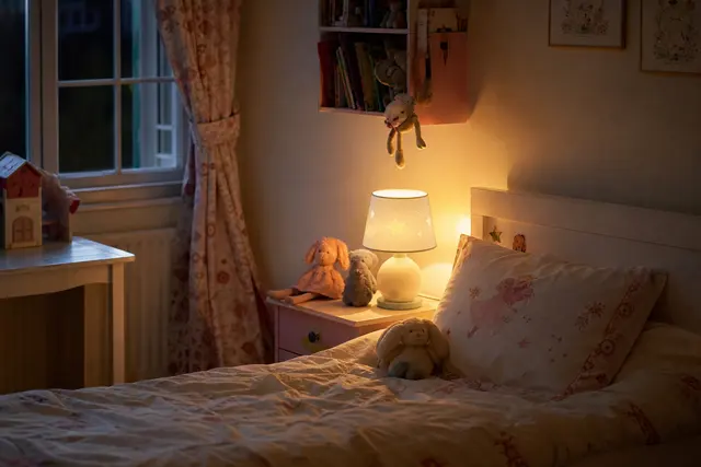 Chambre d'enfant avec une veilleuse allumée projetant une douce lumière chaude