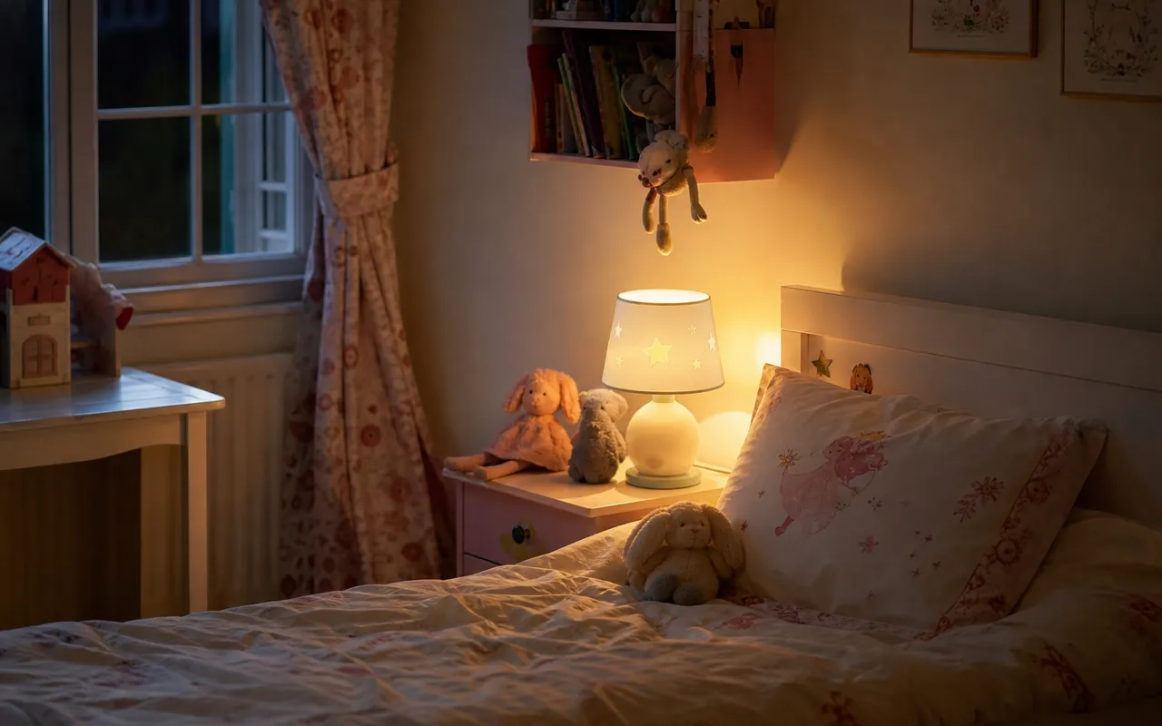 Chambre d'enfant avec une veilleuse allumée projetant une douce lumière chaude