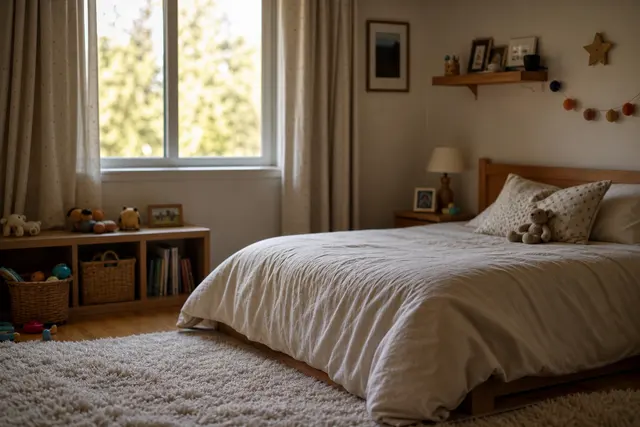 Lit d'enfant avec un drap et un protège-matelas, chambre calme et rangée