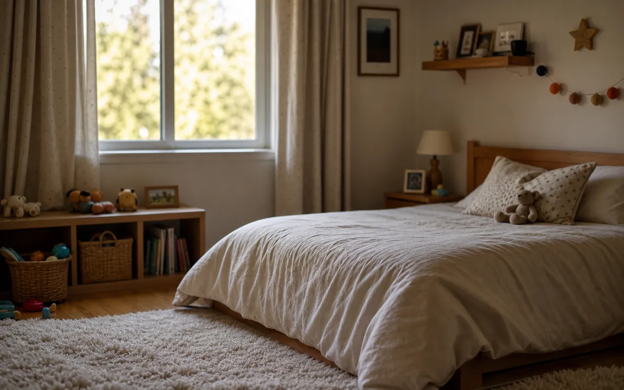 Lit d'enfant avec un drap et un protège-matelas, chambre calme et rangée