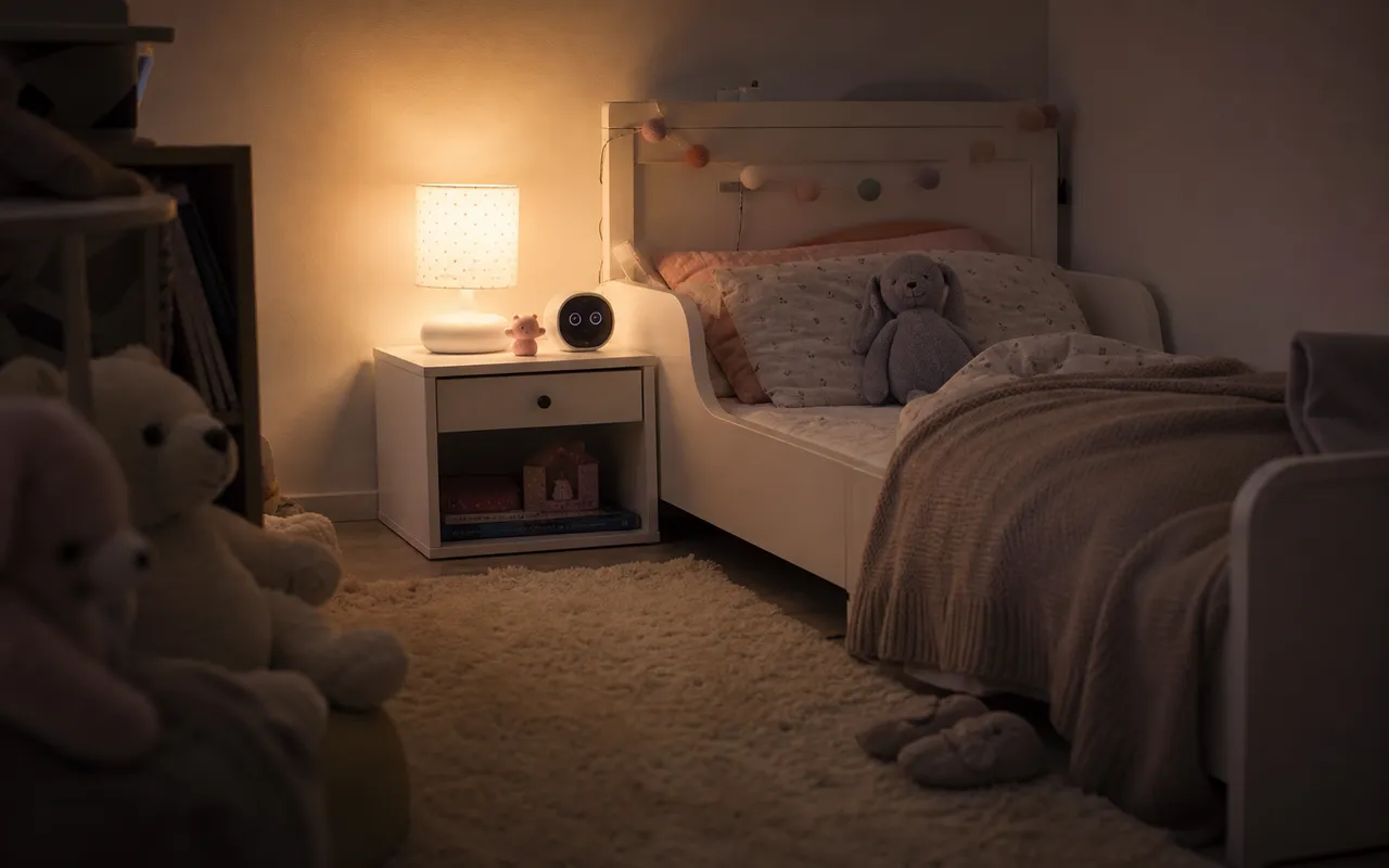Chambre d'enfant le soir avec une veilleuse allumée près d'un lit, ambiance calme et tamisée