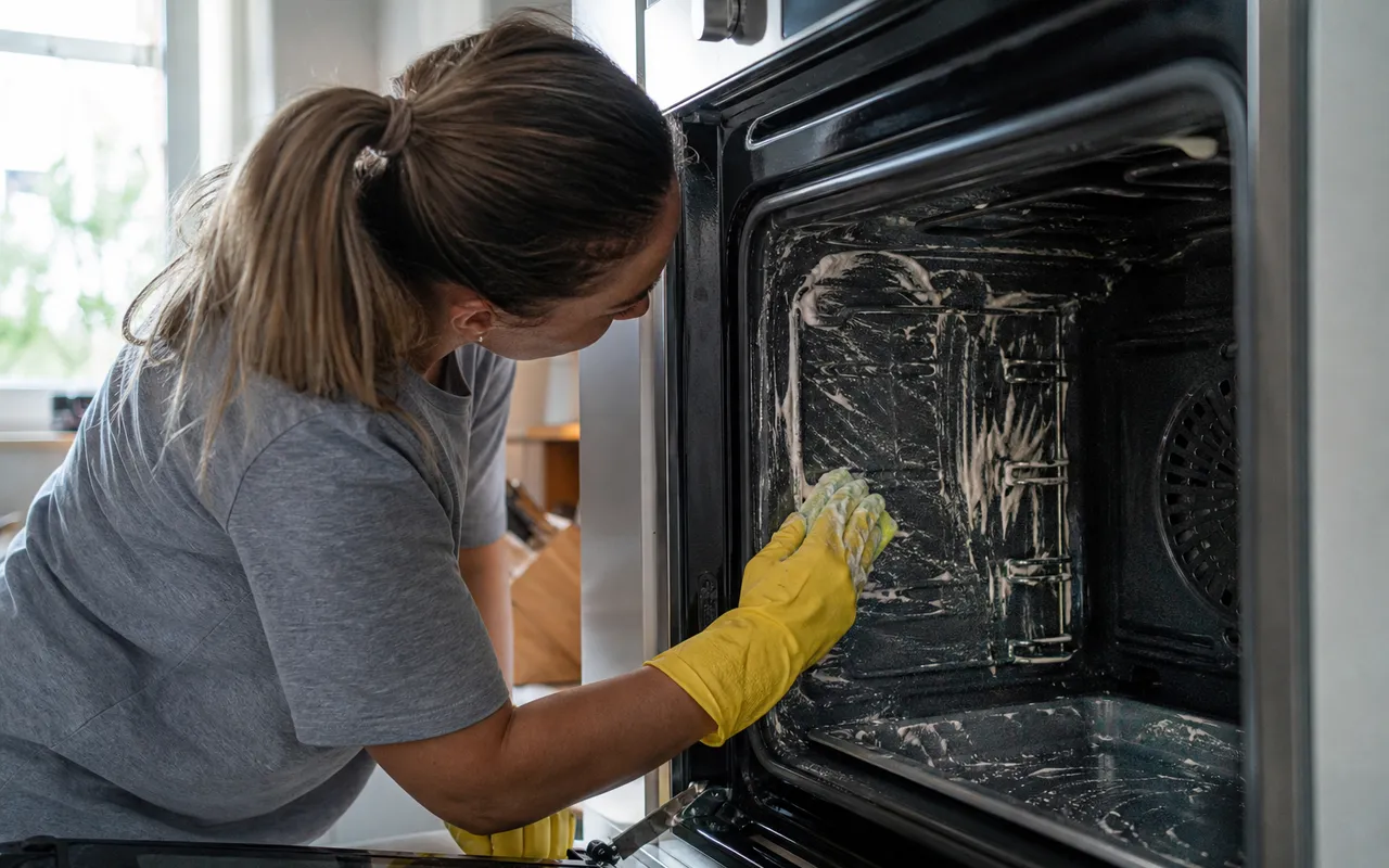 Intérieur d'un four électrique propre après nettoyage, porte ouverte dans une cuisine lumineuse