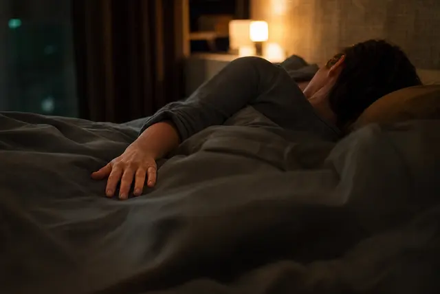 Personne allongée dans un lit la nuit, main ouverte posée sur la couette, lumière tamisée de chevet