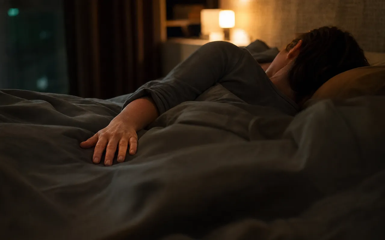 Personne allongée dans un lit la nuit, main ouverte posée sur la couette, lumière tamisée de chevet