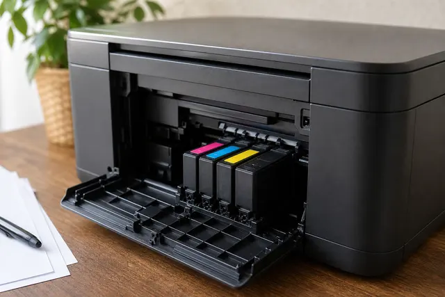 Imprimante à jet d'encre avec un tiroir de cartouches ouvert