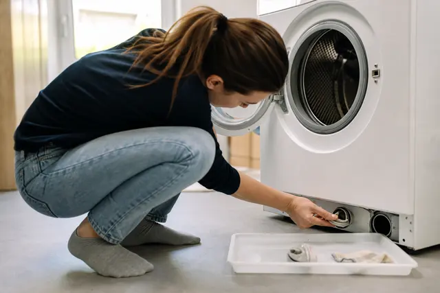 Personne accroupie devant un lave-linge ouvert, en train d'inspecter le filtre de vidange