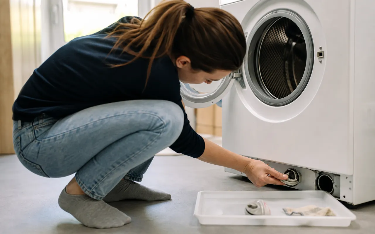 Personne accroupie devant un lave-linge ouvert, en train d'inspecter le filtre de vidange