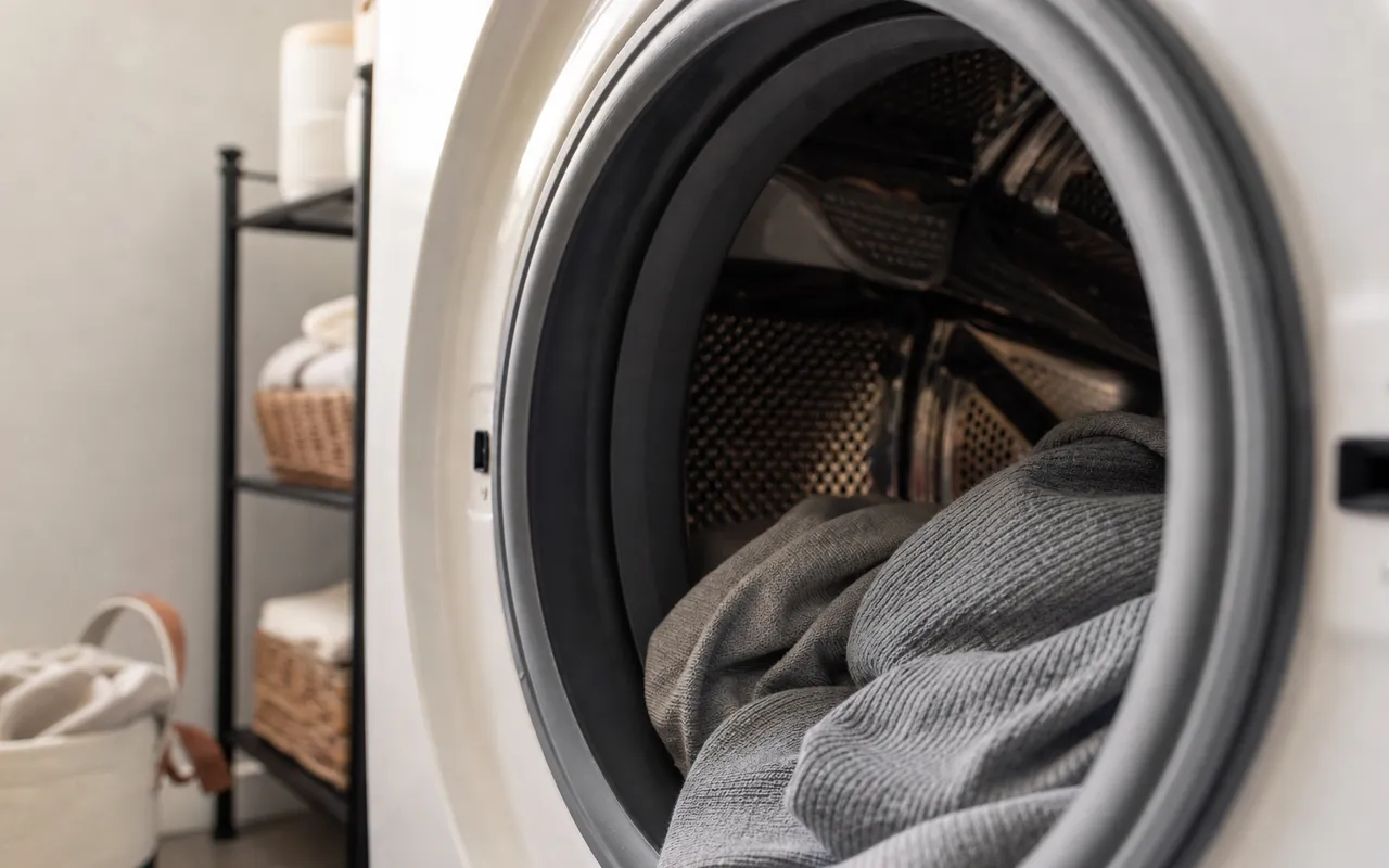 Intérieur d'un tambour de lave-linge ouvert avec le joint en caoutchouc du hublot visible