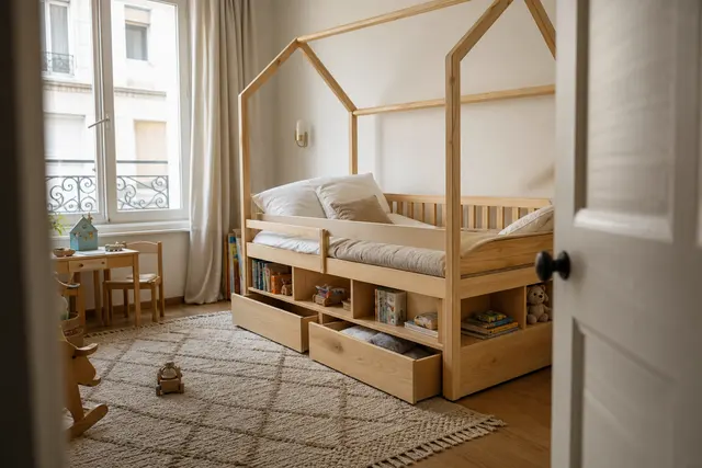 Lit cabane avec tiroirs et espace de rangement ouvert : un lit pratique pour les enfants