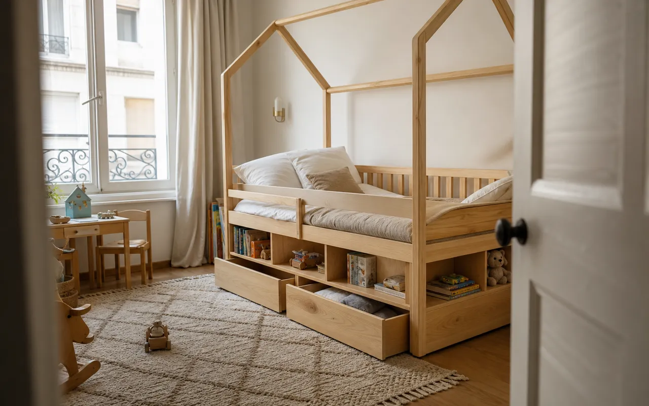Lit cabane avec tiroirs et espace de rangement ouvert : un lit pratique pour les enfants