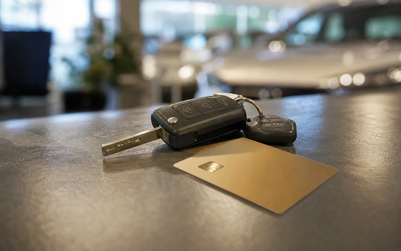 Clés de voiture de location posées sur un comptoir avec une carte bancaire à proximité