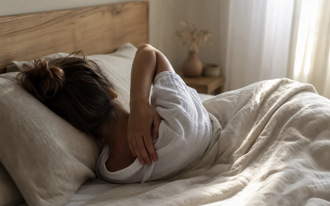 Personne allongée dans un lit, main posée sur la nuque, lumière douce du matin filtrant à travers un rideau