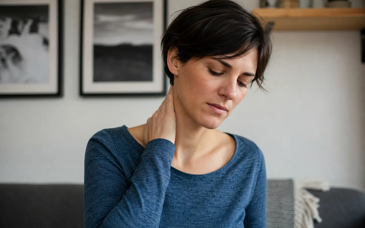 Personne touchant doucement son cou d'un côté, expression de gêne légère