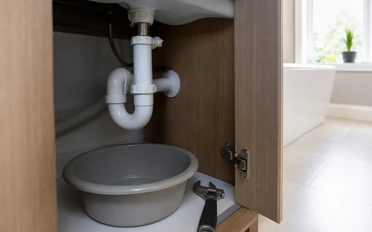 Siphon en plastique sous un lavabo de salle de bain, tuyauterie visible et clé de plombier posée à côté