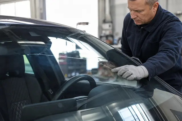 Fissure sur un pare-brise de voiture inspectée avant un contrôle technique