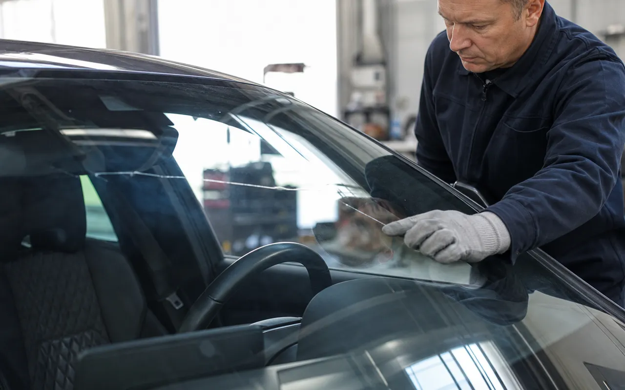 Fissure sur un pare-brise de voiture inspectée avant un contrôle technique