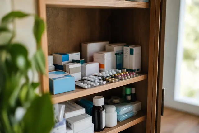 Boîtes de médicaments et plaquettes de comprimés rangées dans une armoire à pharmacie domestique