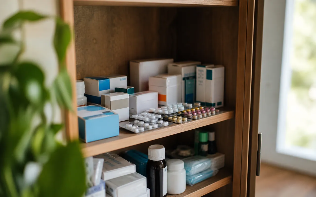 Boîtes de médicaments et plaquettes de comprimés rangées dans une armoire à pharmacie domestique