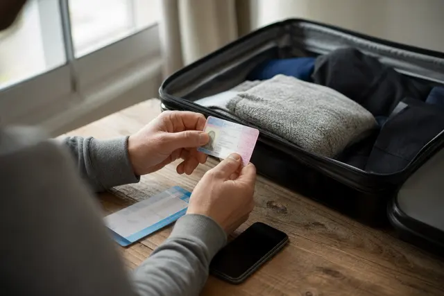 Carte d'identité et billets posés sur une valise avant un départ en voyage
