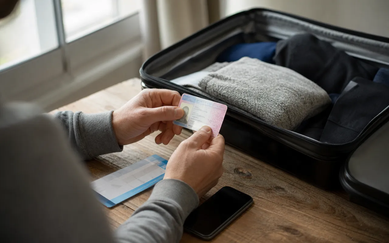 Carte d'identité et billets posés sur une valise avant un départ en voyage