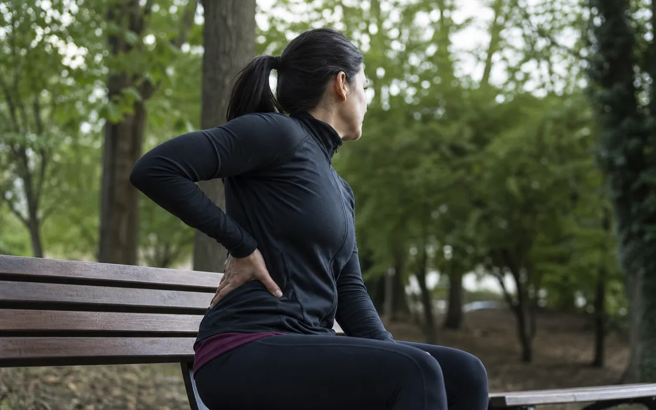 Coureur assis sur un banc après l'effort, main posée sur le flanc