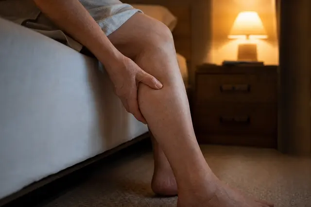 Personne assise au bord du lit la nuit, main posée sur son mollet, lumière chaude de la lampe de chevet