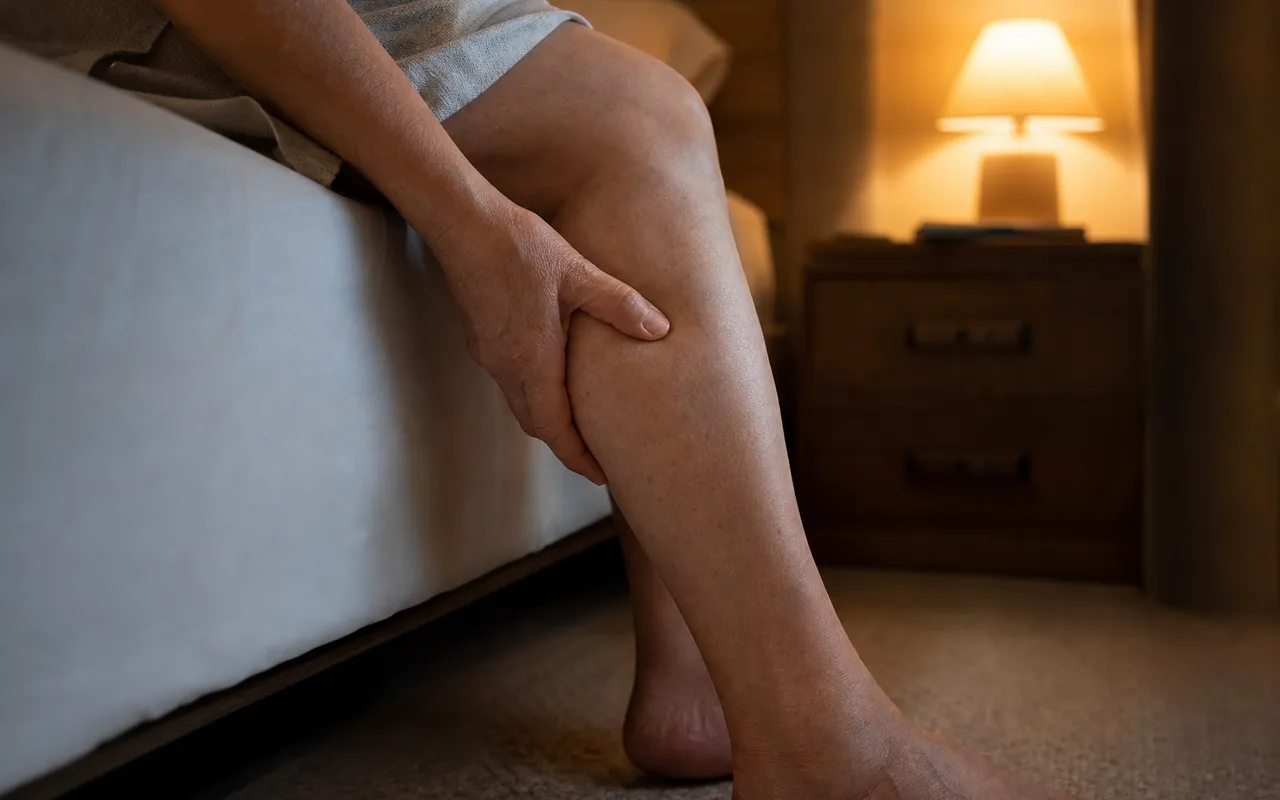Personne assise au bord du lit la nuit, main posée sur son mollet, lumière chaude de la lampe de chevet