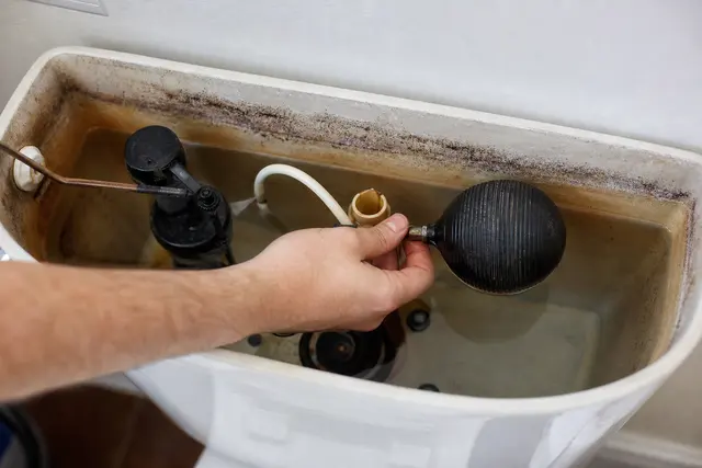 Réservoir de chasse d'eau ouvert laissant apparaître le mécanisme intérieur, flotteur et clapet visibles