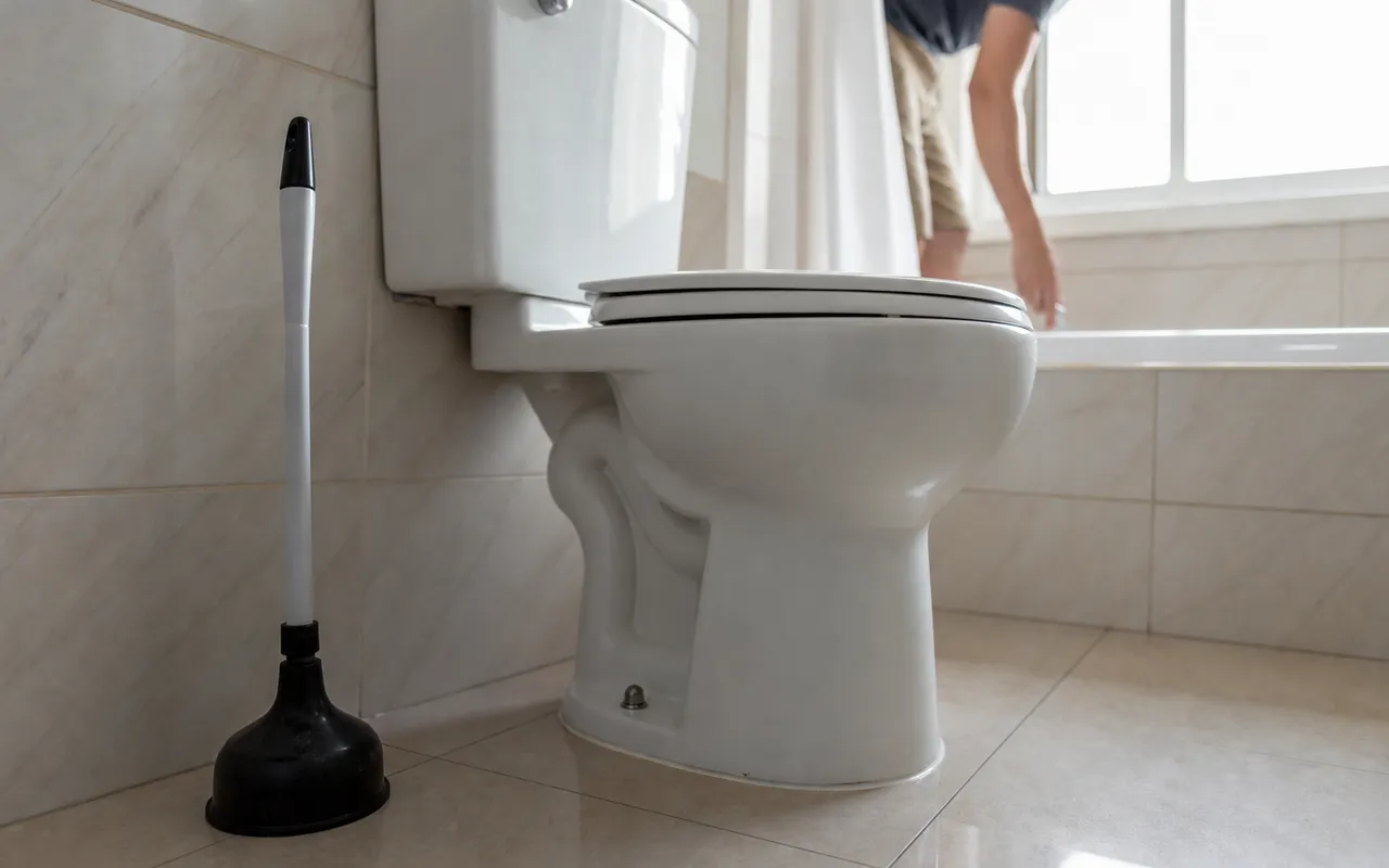 Cuvette de toilettes vue de profil avec une ventouse posée à côté, ambiance salle de bain lumineuse