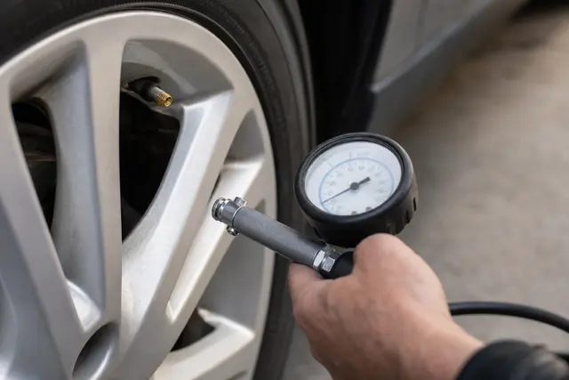 Gros plan sur la valve d'un pneu de voiture avec un manomètre de pression posé à proximité