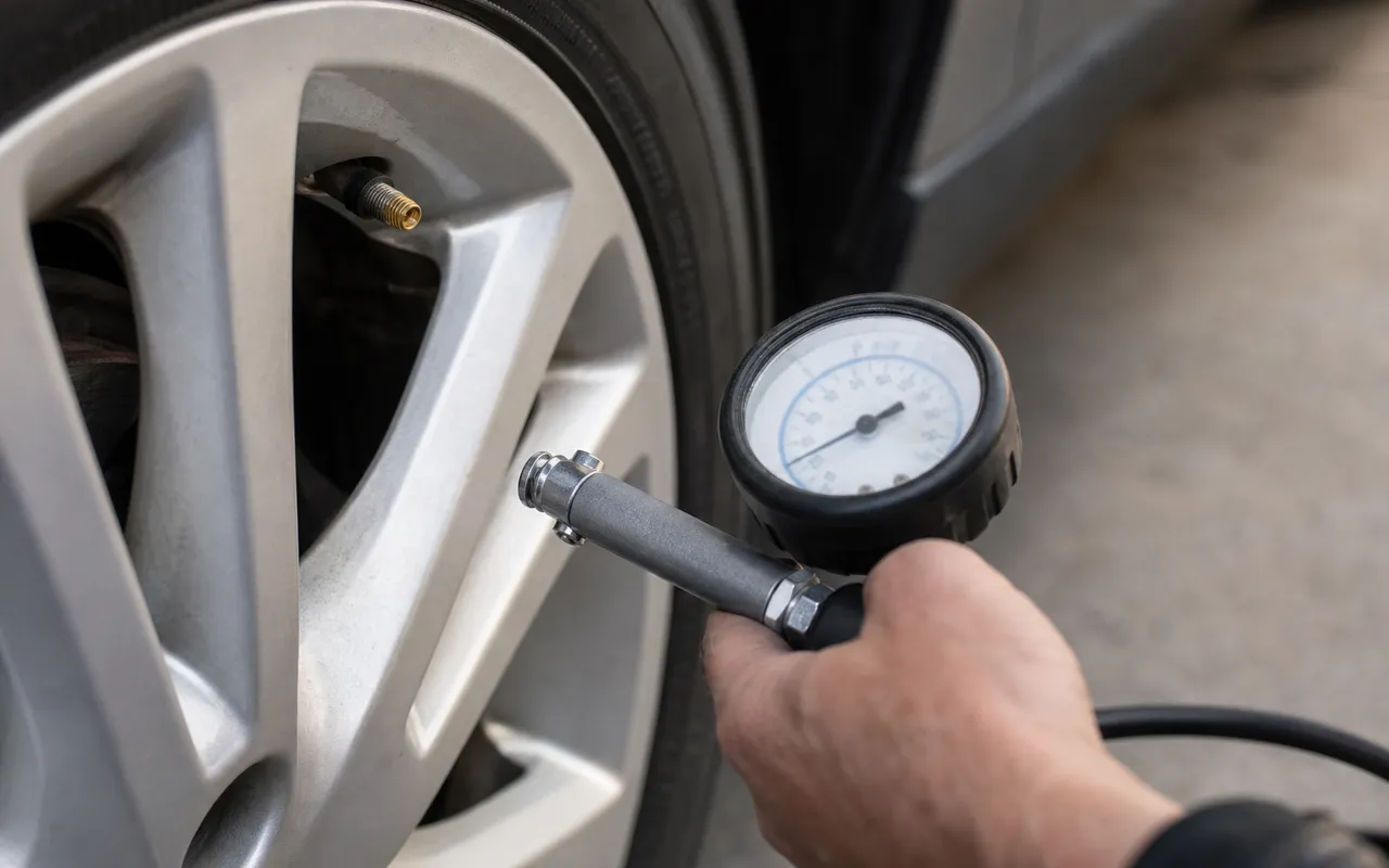 Gros plan sur la valve d'un pneu de voiture avec un manomètre de pression posé à proximité