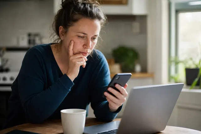 Personne examinant attentivement son relevé bancaire sur smartphone à la recherche d'un prélèvement suspect