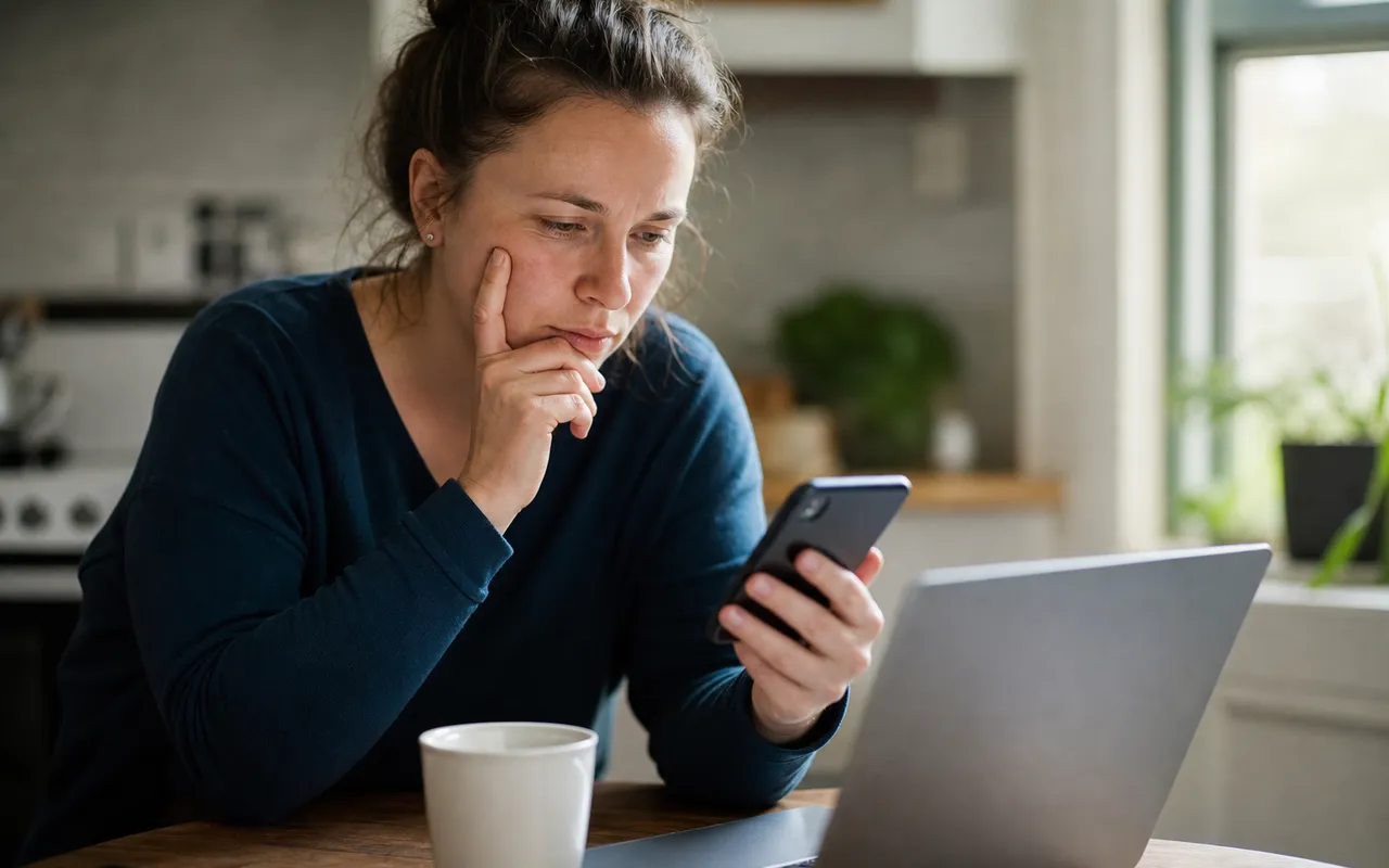 Personne examinant attentivement son relevé bancaire sur smartphone à la recherche d'un prélèvement suspect