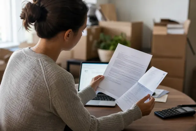 Ancien locataire consultant ses documents de location et un relevé bancaire après un déménagement