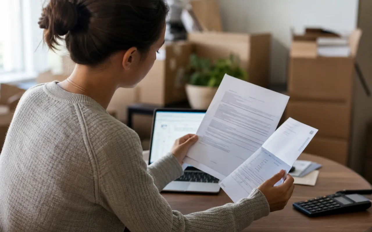 Ancien locataire consultant ses documents de location et un relevé bancaire après un déménagement