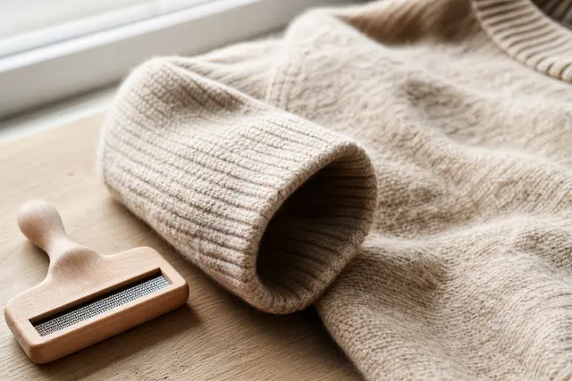 Pull en laine beige posé à plat sur une table en bois clair, gros plan sur la maille et la manche, lumière naturelle douce