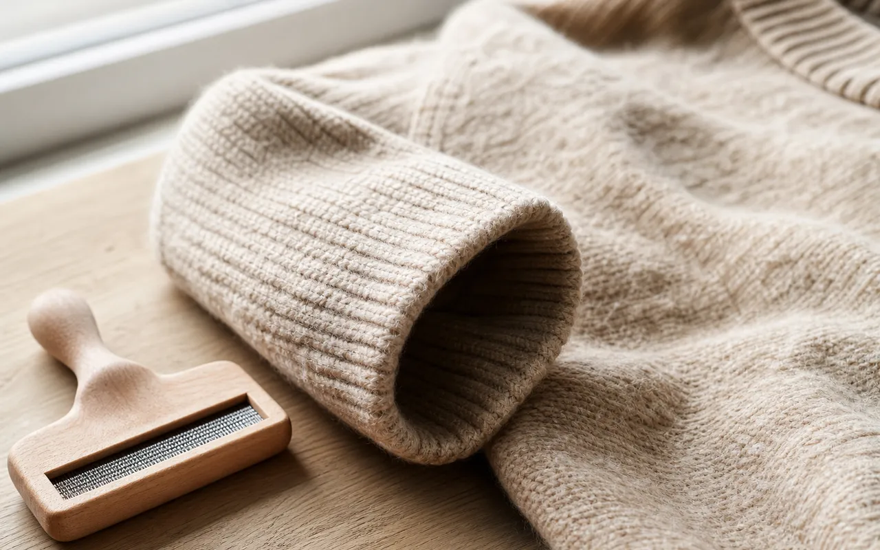 Pull en laine beige posé à plat sur une table en bois clair, gros plan sur la maille et la manche, lumière naturelle douce