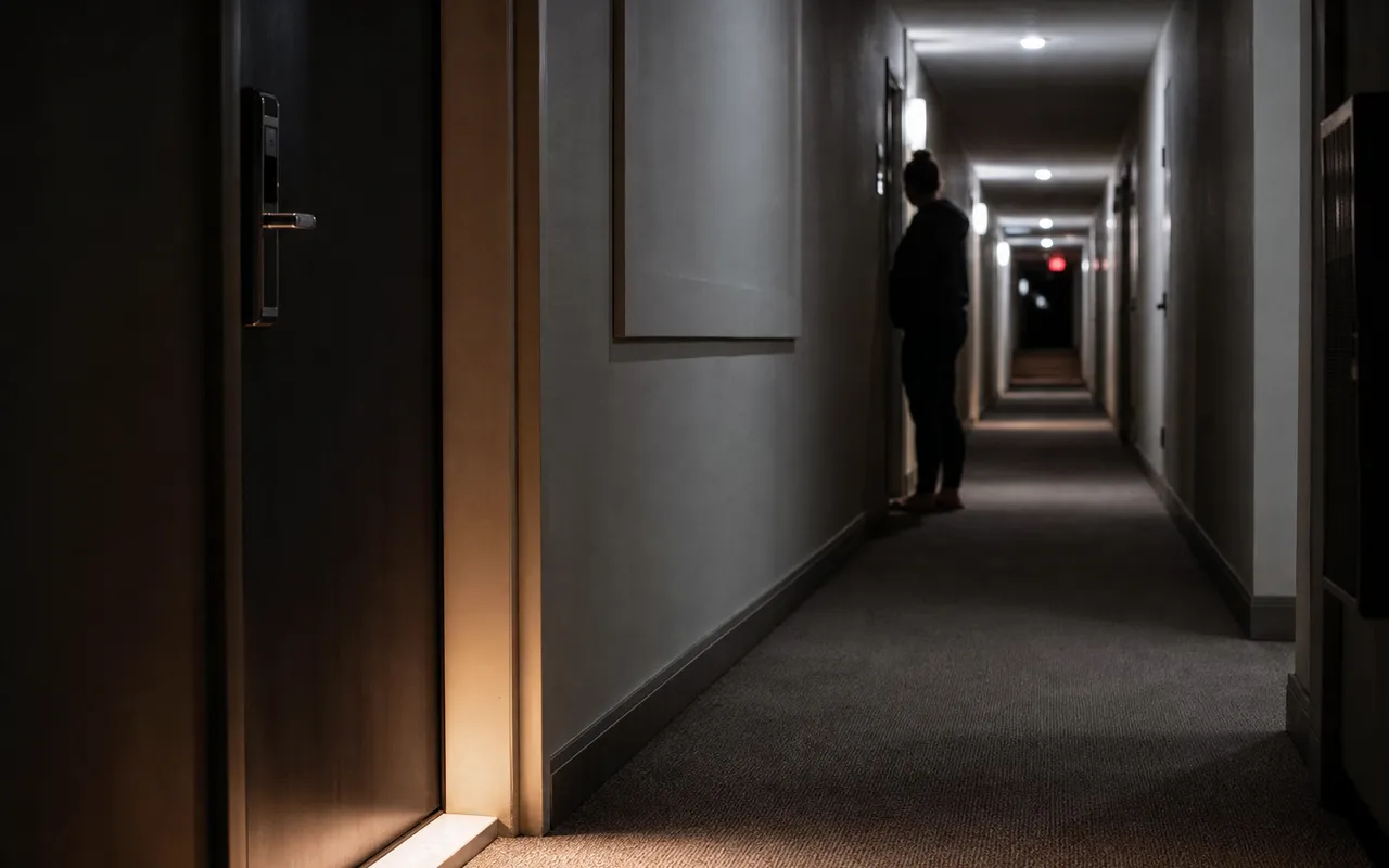 Appartement la nuit avec de la lumière filtrant sous une porte, illustrant une nuisance sonore de voisinage
