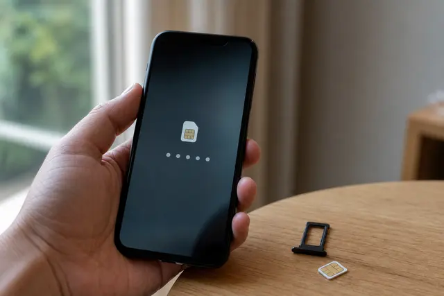Main tenant un smartphone affichant un écran de déverrouillage de carte SIM, carte SIM posée à côté