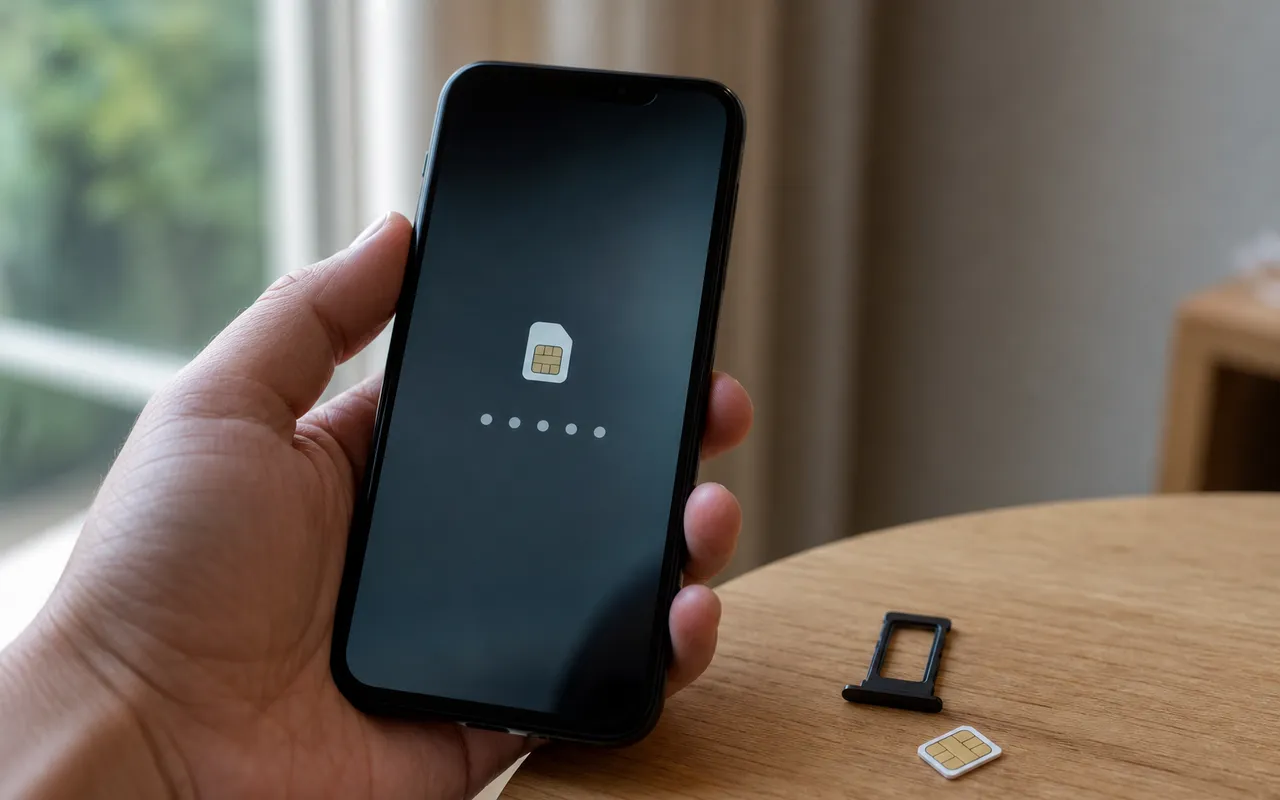Main tenant un smartphone affichant un écran de déverrouillage de carte SIM, carte SIM posée à côté