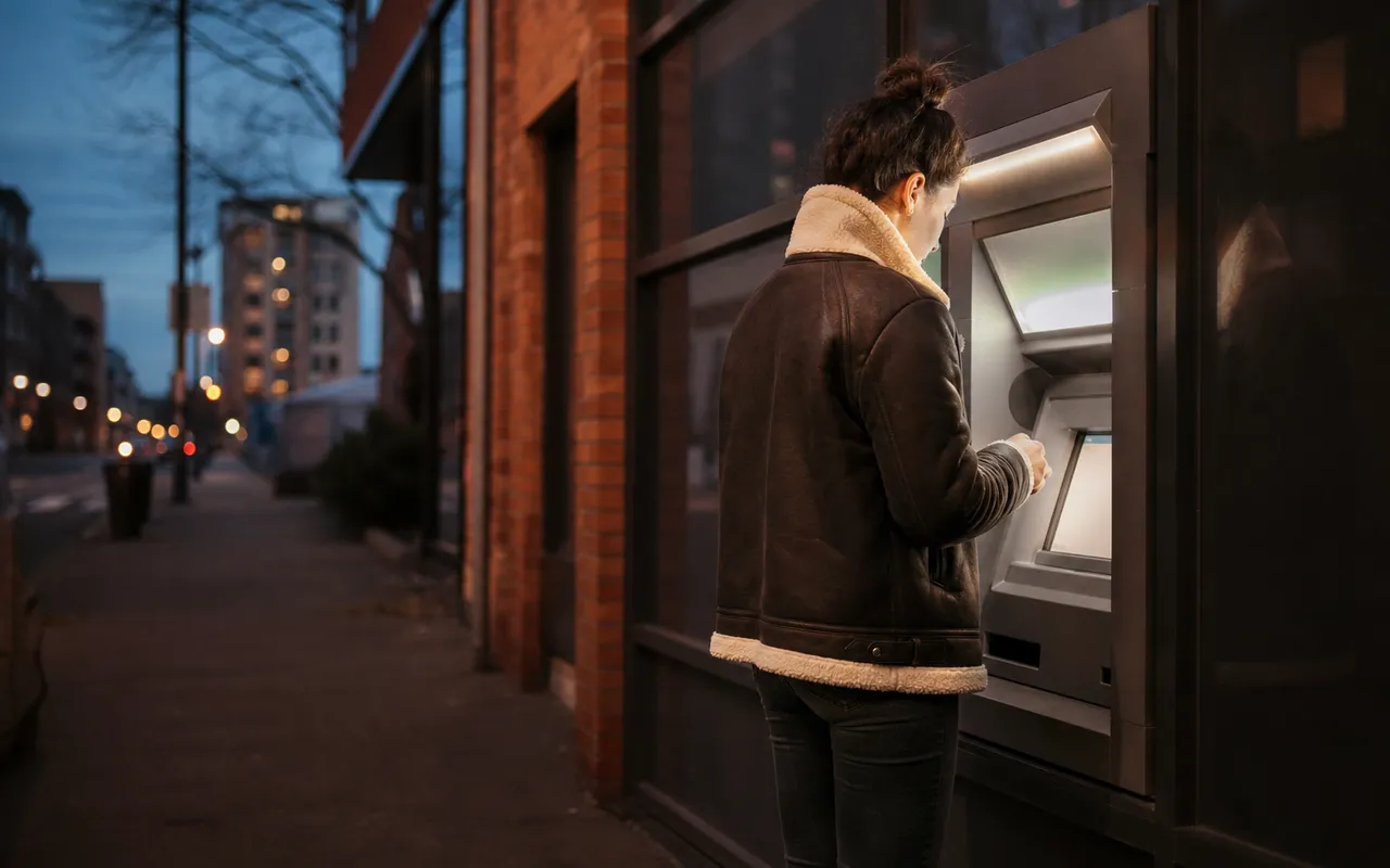 Personne face à un distributeur automatique de billets le soir, écran allumé, rue calme en arrière-plan