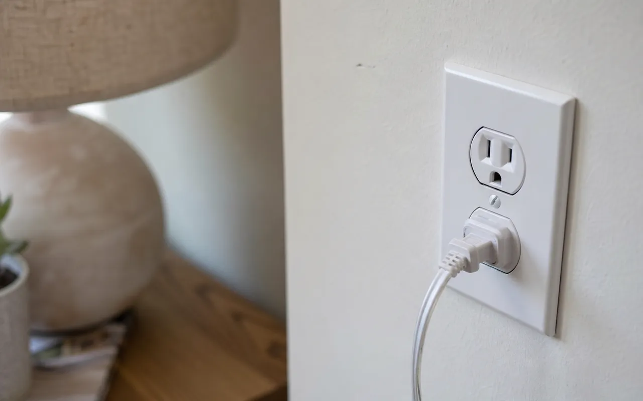 Gros plan sur une prise électrique murale blanche avec une lampe branchée, intérieur domestique en lumière naturelle