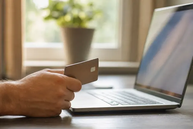 Main tenant une carte bancaire près d'un ordinateur portable, relevé de compte en arrière-plan flou