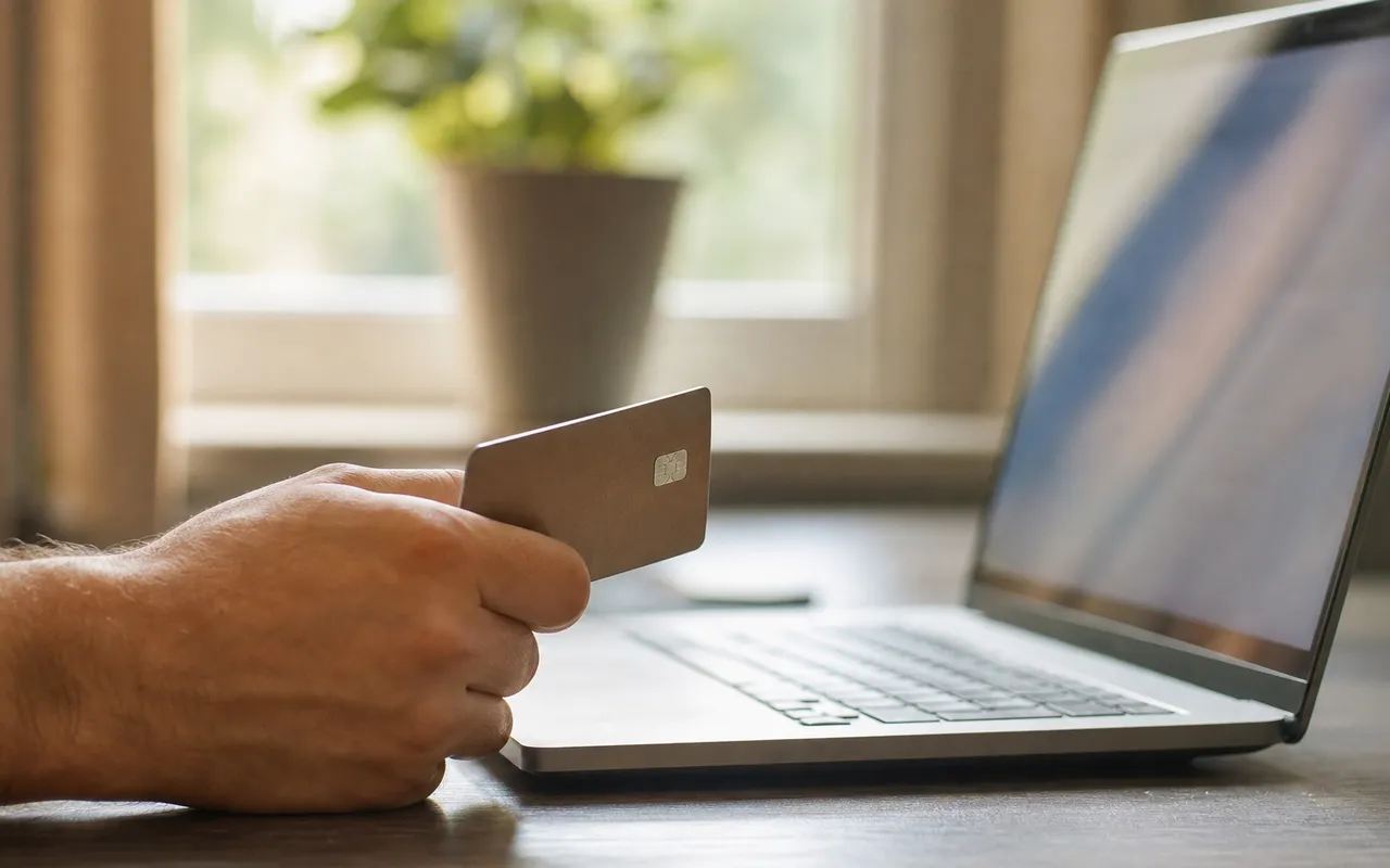 Main tenant une carte bancaire près d'un ordinateur portable, relevé de compte en arrière-plan flou
