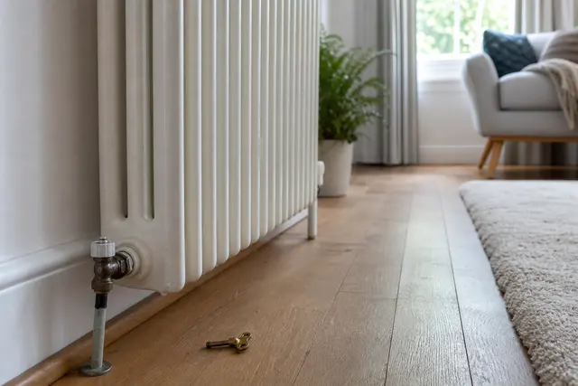 Radiateur en fonte blanc dans un salon lumineux, clé de purge posée à proximité sur le sol