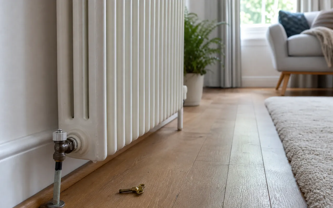 Radiateur en fonte blanc dans un salon lumineux, clé de purge posée à proximité sur le sol