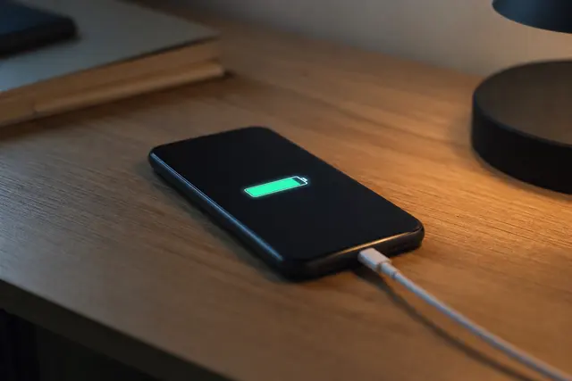 Smartphone posé sur une table en train de charger, câble branché, écran allumé affichant le pourcentage de batterie