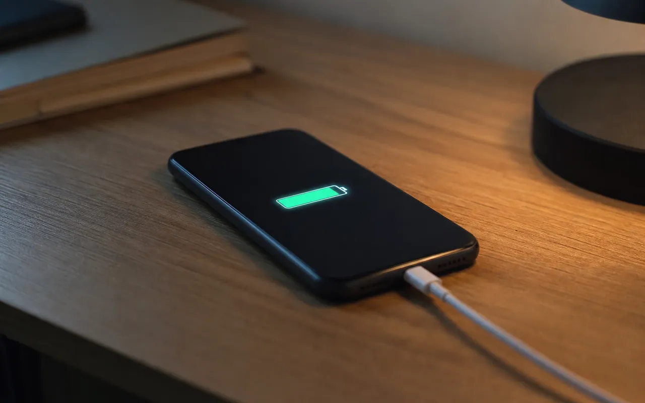 Smartphone posé sur une table en train de charger, câble branché, écran allumé affichant le pourcentage de batterie