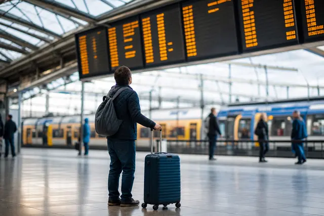 Voyageur consultant le panneau d'affichage des trains dans une gare, avec un train annoncé supprimé