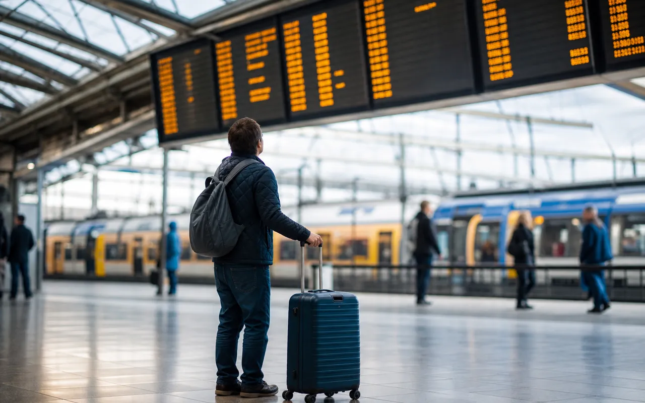 Voyageur consultant le panneau d'affichage des trains dans une gare, avec un train annoncé supprimé